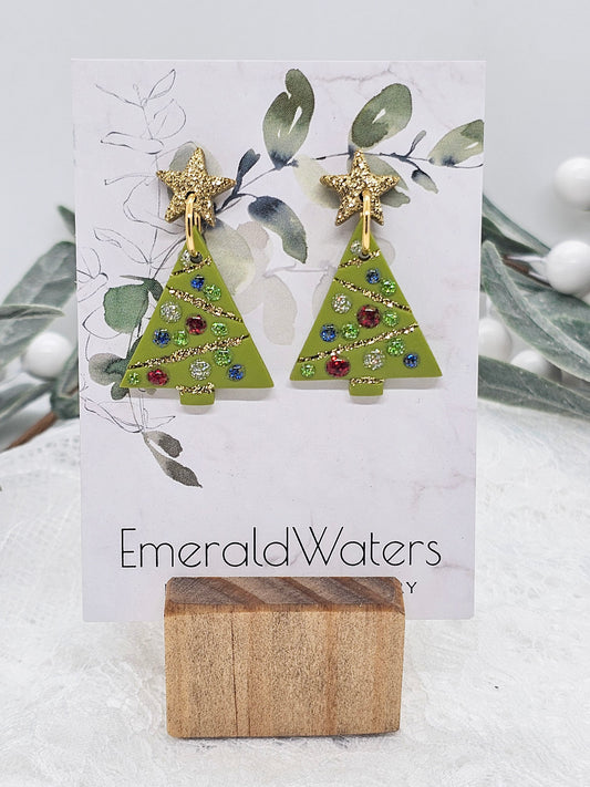 Green Glitter and Gold Christmas Tree | Christmas Tree Earrings