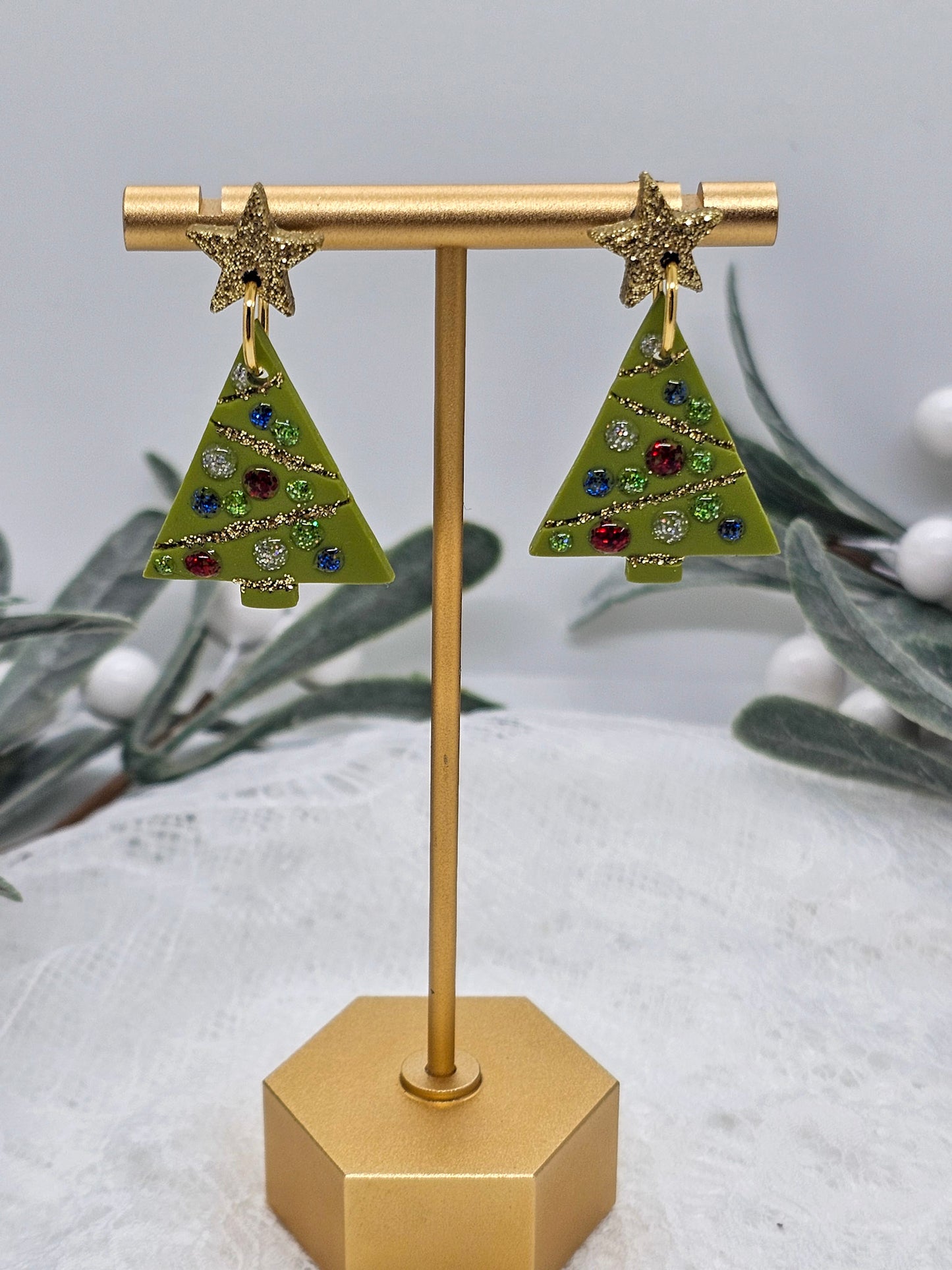 Green Glitter and Gold Christmas Tree | Christmas Tree Earrings