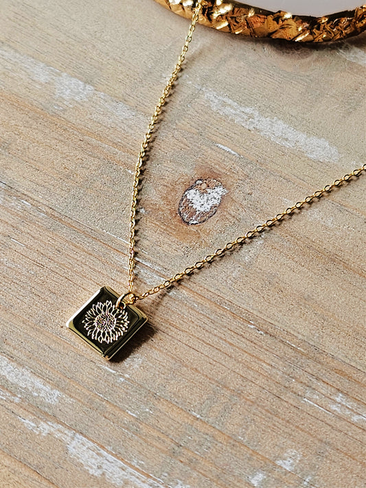 Dainty Gold Squared Sunflower Necklace |  Gold Stamped Necklace | Silver Sunflower Necklace