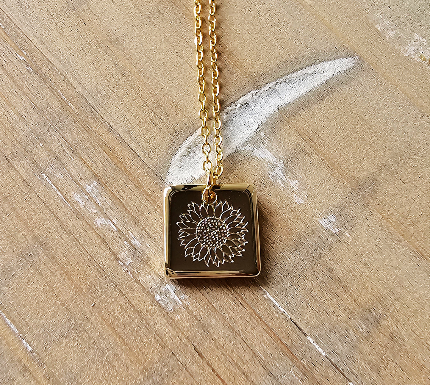 Dainty Gold Squared Sunflower Necklace |  Gold Stamped Necklace | Silver Sunflower Necklace